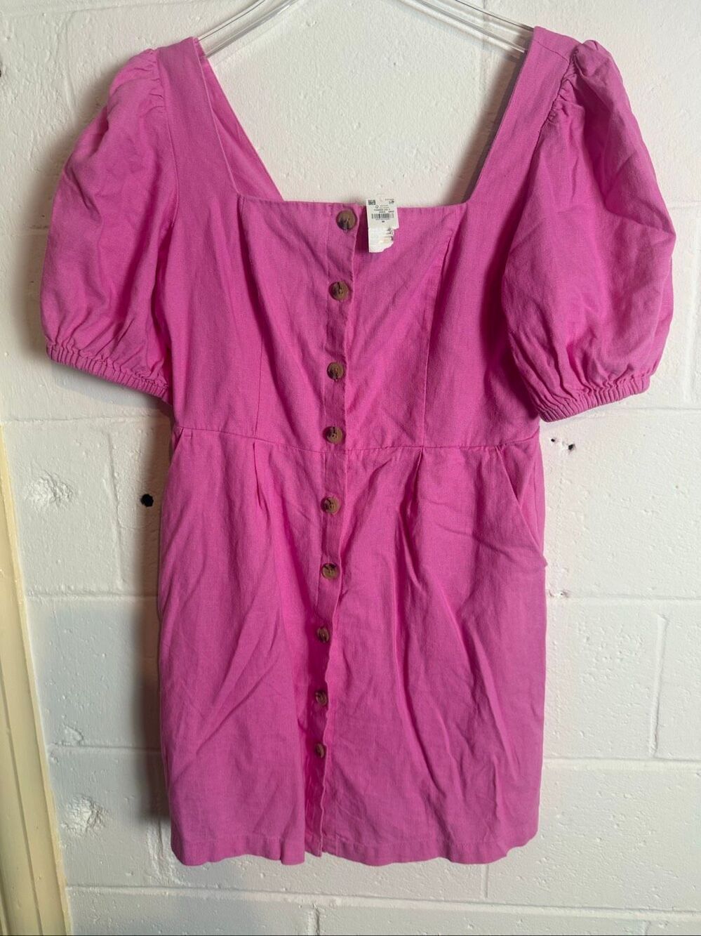 Old Navy NWT Women’s M Vivid Begonia Pink Linen Blend Puff Sleeve Button Front M - Picture 1 of 4